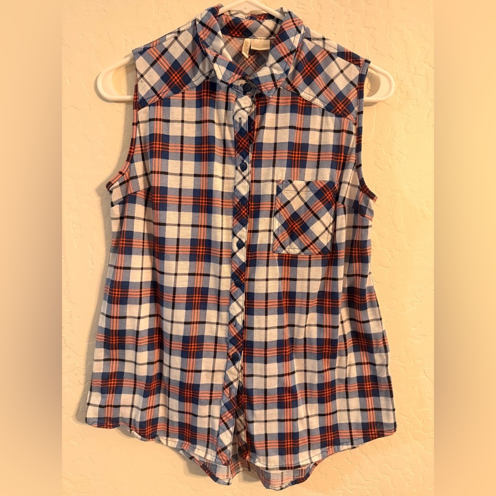 Passport Blue and Red Plaid Sleeveless Shirt